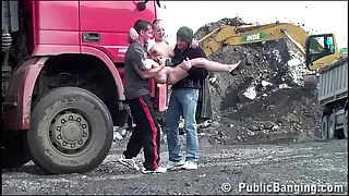 Construction site Bring out gang-bang with a youthfull pretty girl